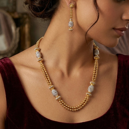 Sterling Silver 24K Gold Plated Beadwork Mala Necklace with Earrings