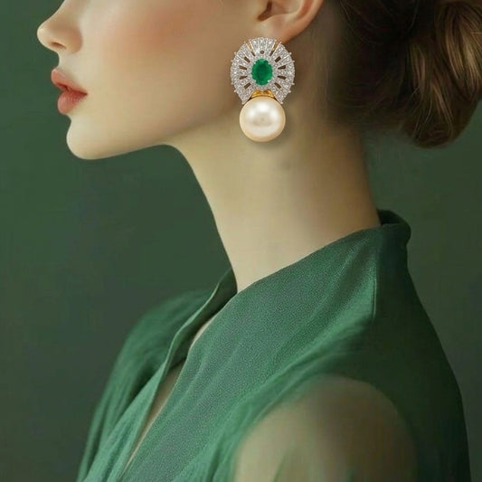 Semi Precious Emerald Ear Studs Sterling Silver 24K Gold plated