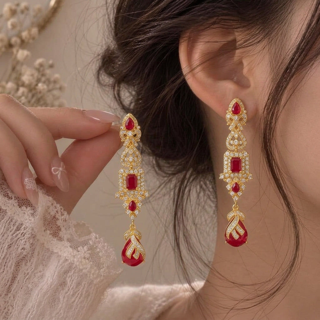 Semi Precious Ruby Earring Sterling Silver 24K Gold plated