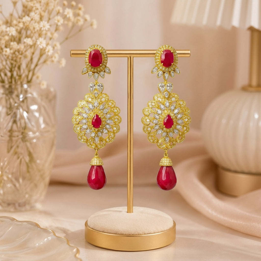 Semi Precious Ruby Earring Sterling Silver 24K Gold plated