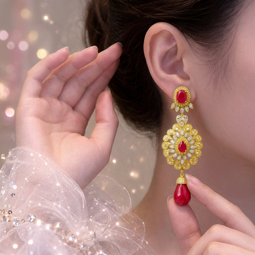 Semi Precious Ruby Earring Sterling Silver 24K Gold plated
