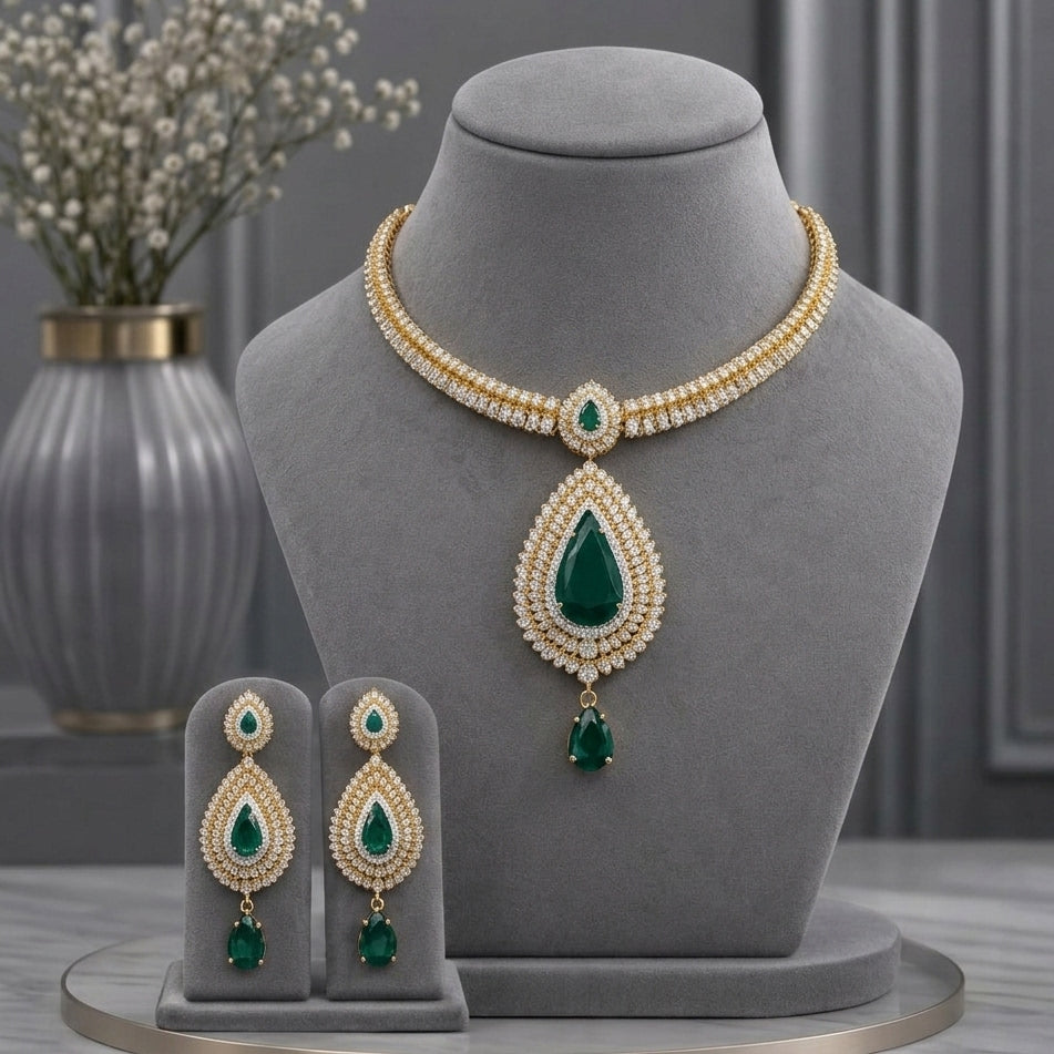 Semi Precious Emerald Cubic Zirconia Sterling Silver 24K Gold plated Neckless With Earrings