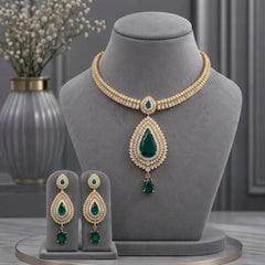 Semi Precious Emerald Cubic Zirconia Sterling Silver 24K Gold plated Neckless With Earrings