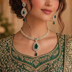 Semi Precious Emerald Cubic Zirconia Sterling Silver 24K Gold plated Neckless With Earrings