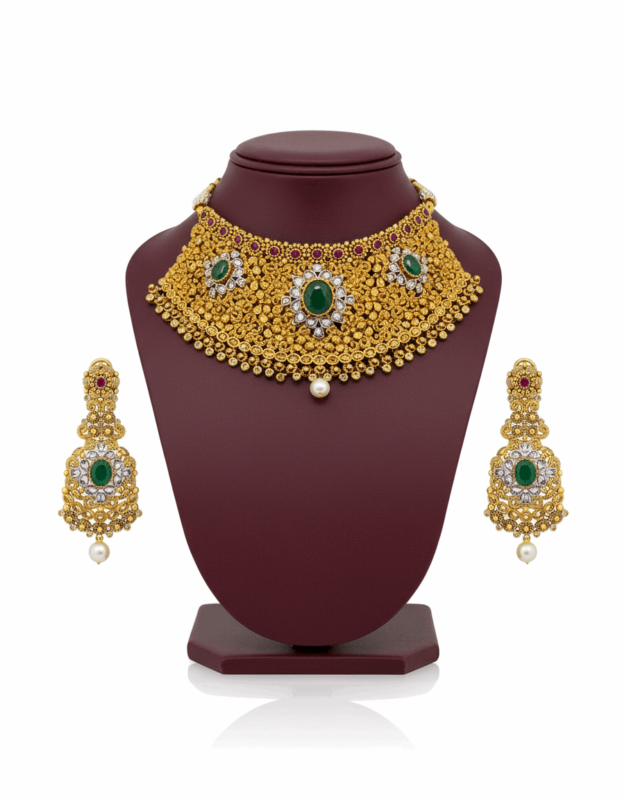 Semi Precious Emerald Cubic Zirconia Sterling Silver 24K Gold plated Bridle Set
