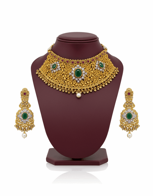 Semi Precious Emerald Cubic Zirconia Sterling Silver 24K Gold plated Bridle Set