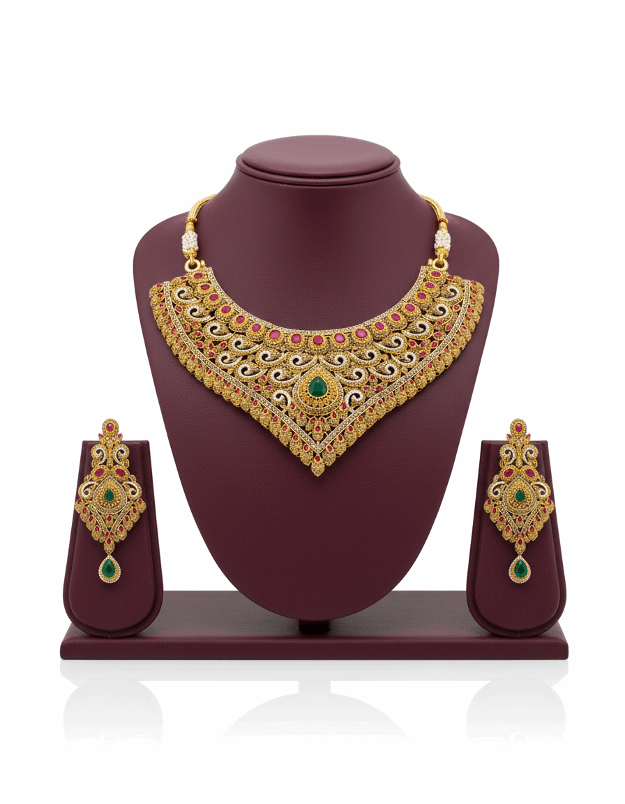Semi Precious Emerald Ruby Cubic Zirconia Sterling Silver 24K Gold plated Bridle Set