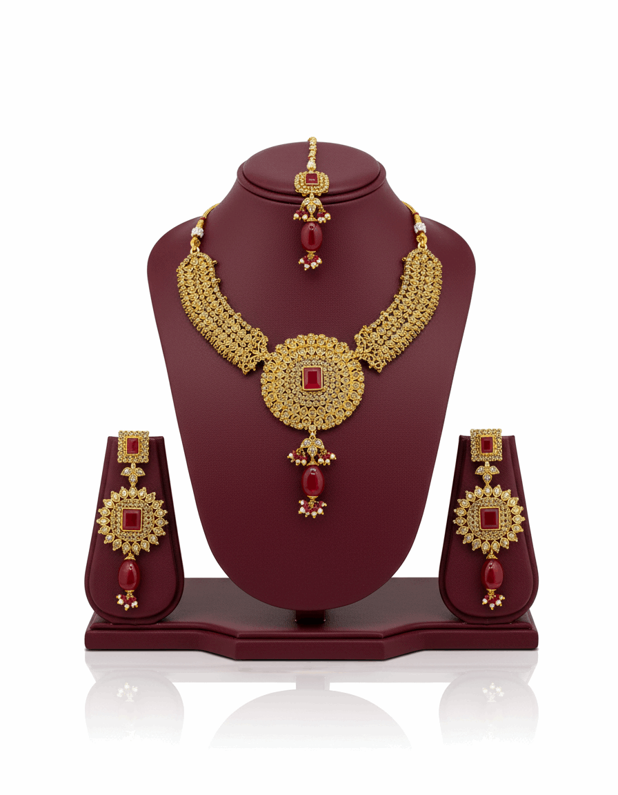 Semi Precious Ruby Cubic Zirconia Sterling Silver 24K Gold plated Bridle Set