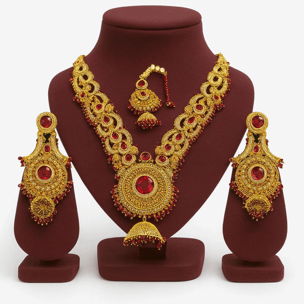 Semi Precious Ruby Cubic Zirconia Sterling Silver 24K Gold plated Bridle Set