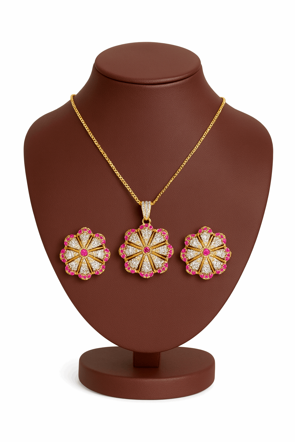Semi Precious Ruby Cubic Zirconia Sterling Silver 24K Gold plated Pendent With Ear Studs