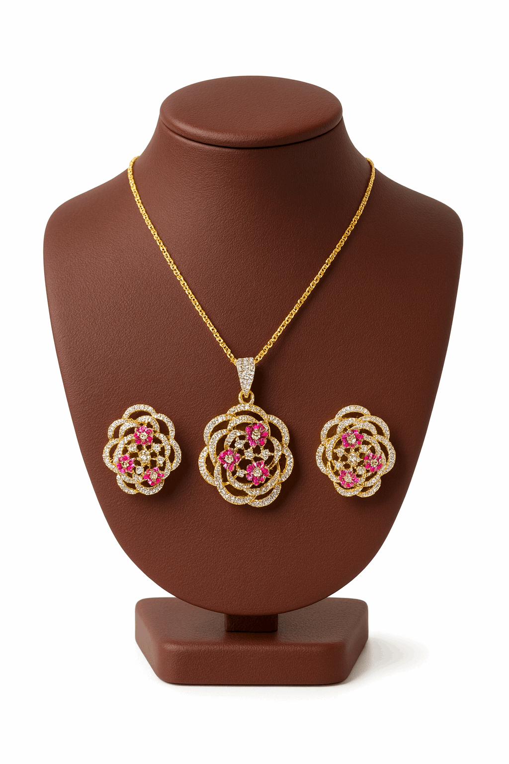 Semi Precious Ruby Cubic Zirconia Sterling Silver 24K Gold plated Pendant With Ear Studs
