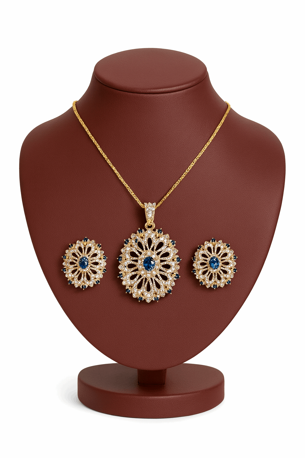 Semi Precious Sapphire Cubic Zirconia Sterling Silver 24K Gold plated Pendant With Ear Studs