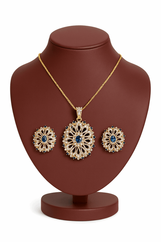 Semi Precious Sapphire Cubic Zirconia Sterling Silver 24K Gold plated Pendant With Ear Studs