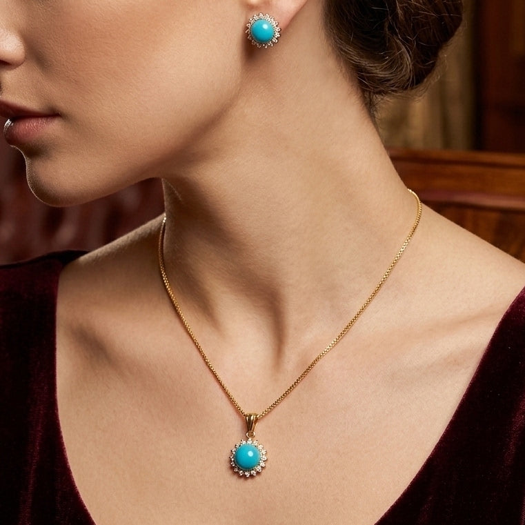 Turquoise Sterling Silver 24K Gold plated Pendant With Ear Studs