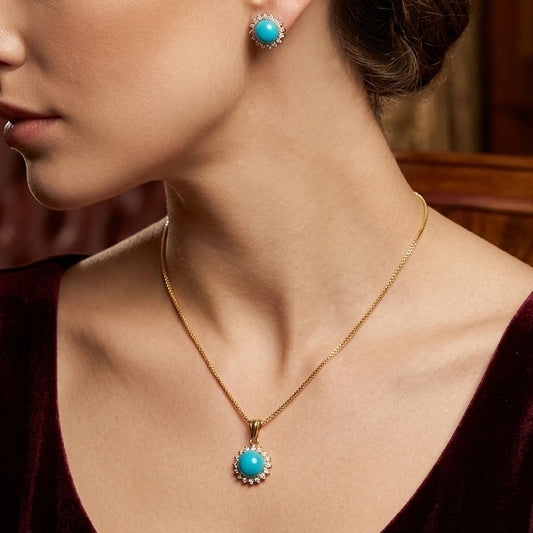 Turquoise Sterling Silver 24K Gold plated Pendant With Ear Studs