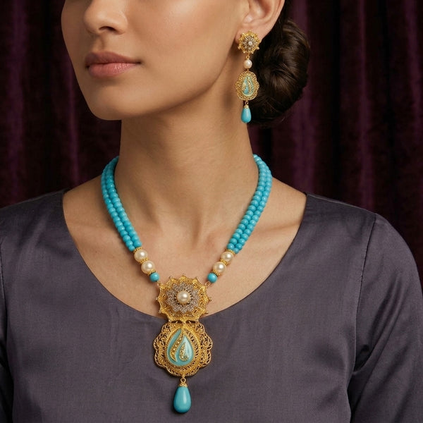 24K Gold-Plated Sterling Silver Necklace Set with Turquoise and Pearl Beads