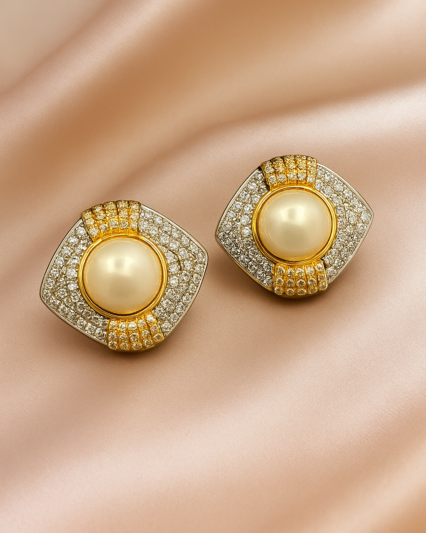 Pearl Stone Ear Studs Sterling Silver 24K Gold plated